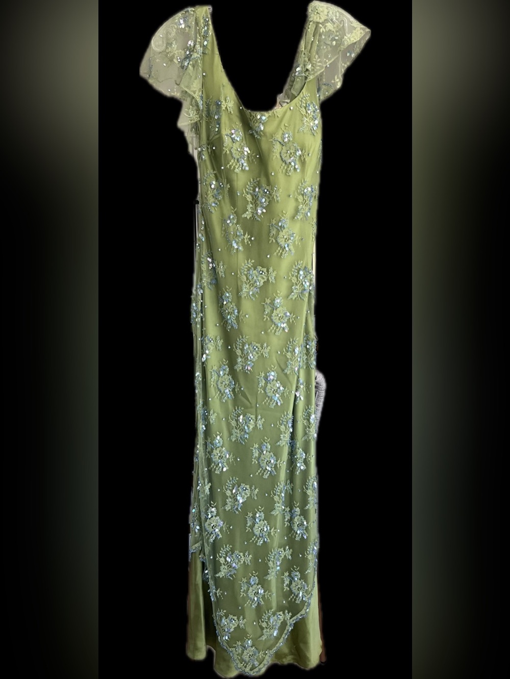 Victoria Royal Womens Silk Beaded Maxi Gown Size 10 Flutter Sleeves Fitted Green